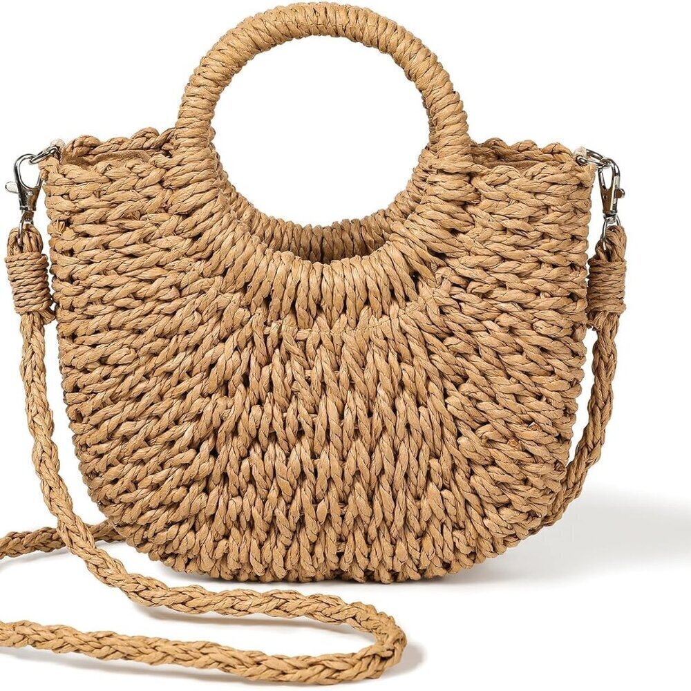Woven Straw Handbag Summer Crossbody Purse with Braided Handle for Beach and Vac